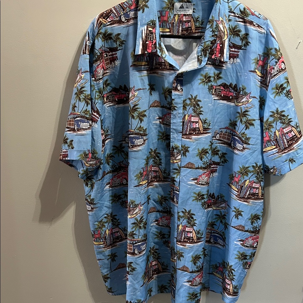 ALOHAS Blue Tropical Car Print Shirt